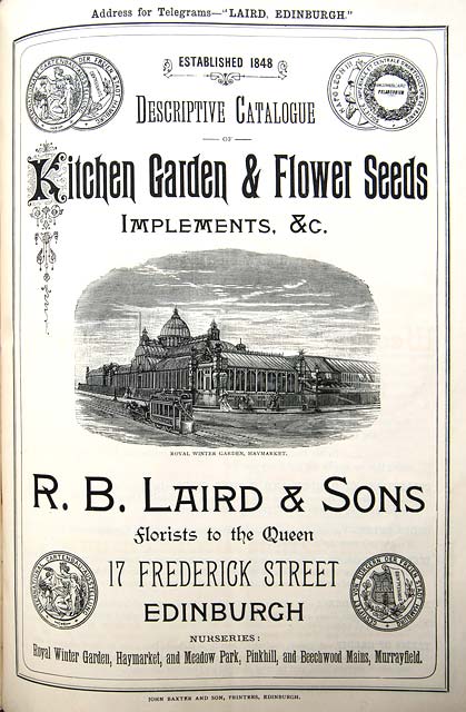 RB Laird Seed Catlaogue, 1871  -  Cover with a picture of Winter Garden Glasshouses, Haymarket