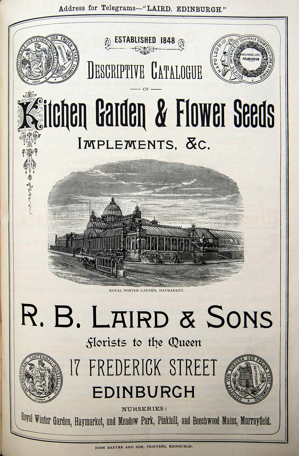 RB Laird Seed Catlaogue, 1871  -  Cover with a picture of Winter Garden Glasshouses, Haymarket