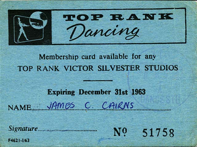 Top Rank Club Membership Card, 1963