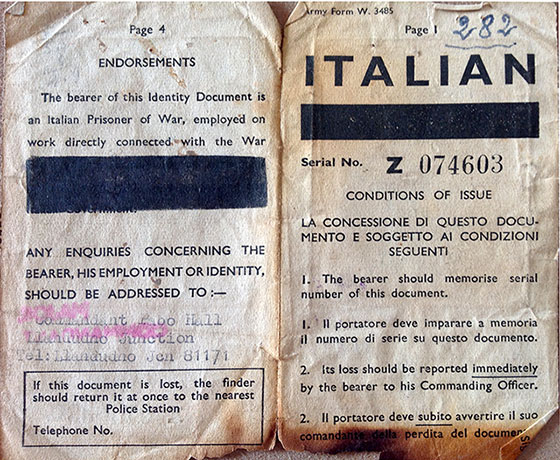 Mario Tozzi's Identity Document - Used at Prisoner of War Camp, Dalmahoy, Edinburgh - Pages 1+4
