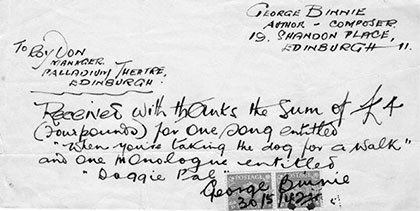 Receipt sent to Roy Don, Manager, Palladium Theatre, Edinburgh