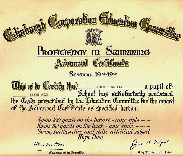 Edinburgh Corporation Education Department Swimming Certificate, awarded to Dick Martin, 1948-49