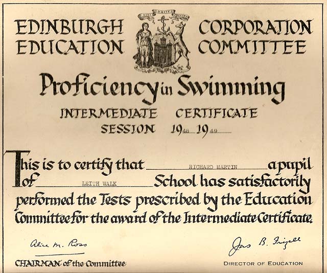 Edinburgh Corporation Education Department Swimming Certificate, awarded to Dick Martin, 1948-49