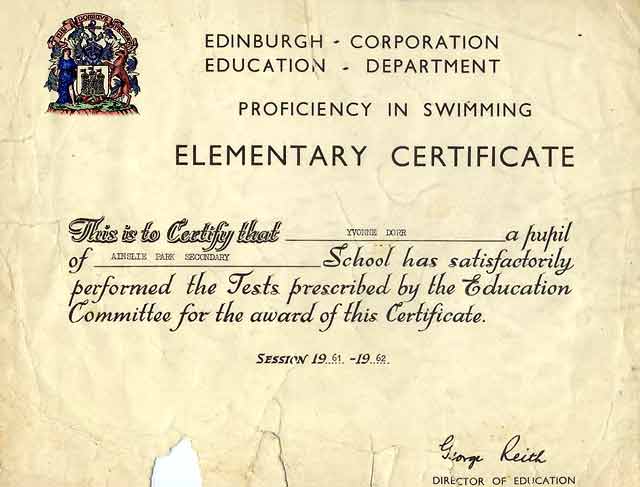 Edinburgh Corporation Education Department Swimming Certificate, awarded to Alan Fentiman, 1966-67