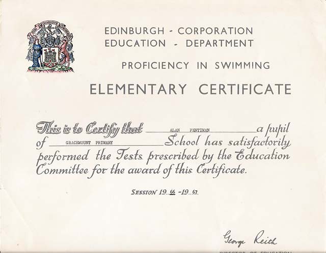 Edinburgh Corporation Education Department Swimming Certificate, awarded to Alan Fentiman, 1966-67