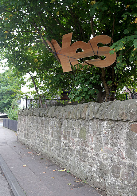 Photos taken in Edinburgh on the two days leading up to the Scottish Referendum Vote on 18 September 2014  -  A large wooden 'Yes' sign in a tree at Gilmerton Road, Newington