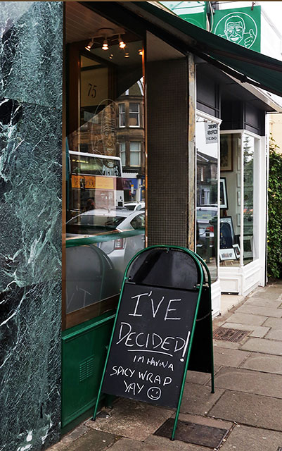 Photos taken in Edinburgh on voting day in the  Scottish Indepemdence Referendum on 18 September 2014  -  Newington Cafe Sign for the Referendum