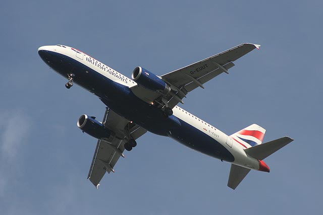 Airbus A320-232 above the Firth of Forth between Granton and Cramond, approaching Edinburgh Airport, on British Airways flight BA1442 Heathrow to Edinburgh, August 24, 2009