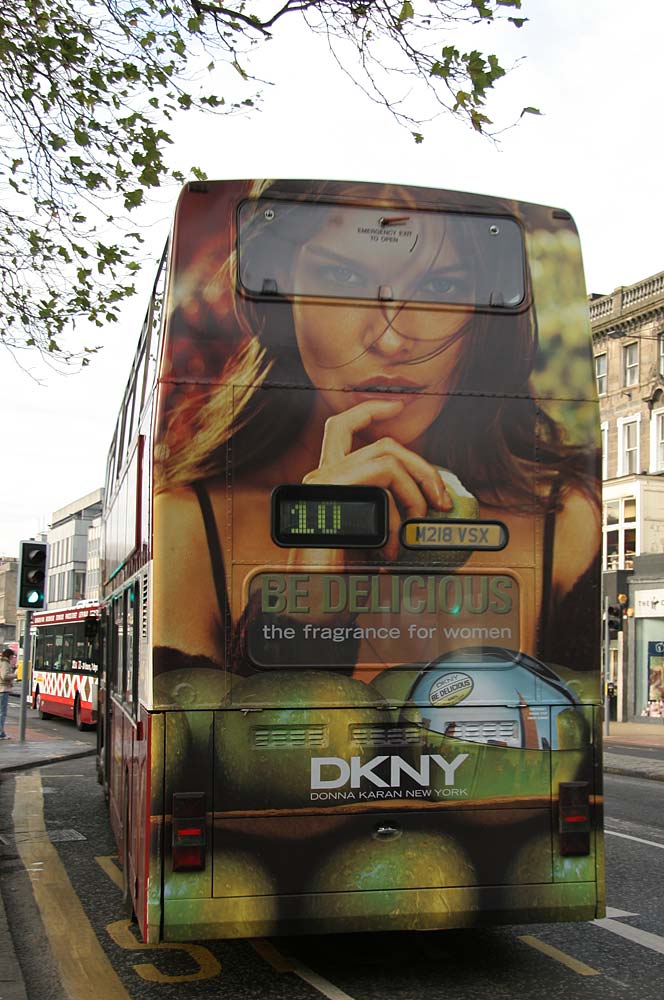 Bus 218 with large rear advert in Princes Street  -  November 2005