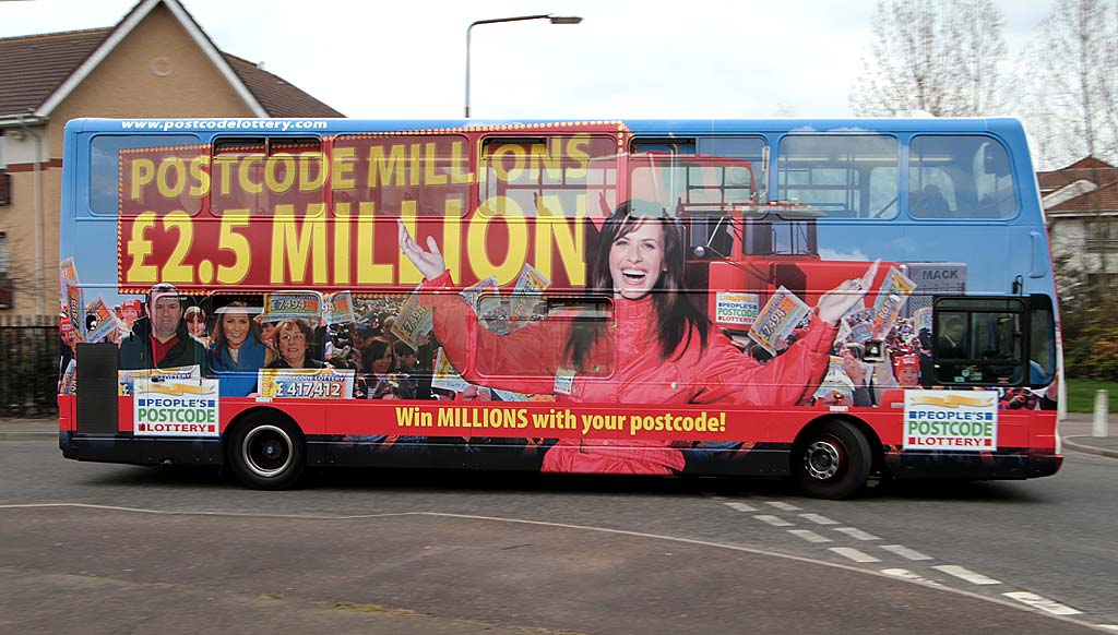 Lothian Buses  -  Adverts on Buses - Postcode Lottery advertised on a bus standing at Route 14 terminus