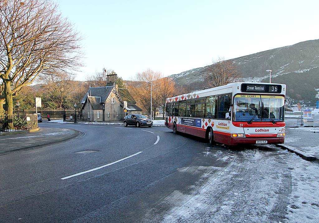 Holyrood Terminus of Lothian Buses  Route 36 and Park keeper's house near the entrance to Holyrood Park at the Scottish Parliament 