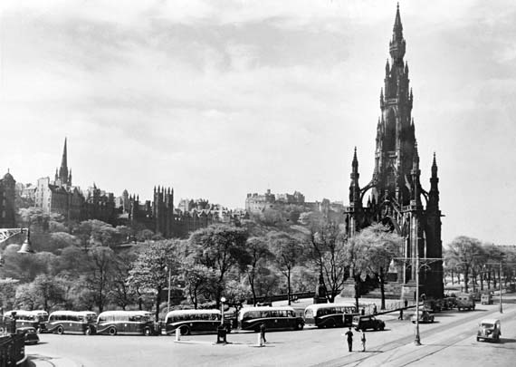 Waverley Bridge with a row of buses