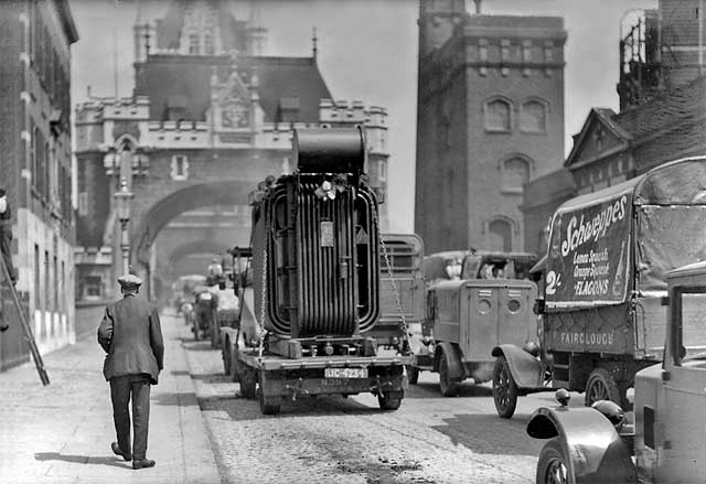 A transformer from Bruce Peebles' works in Edinburgh passes through London  in the early 1900s