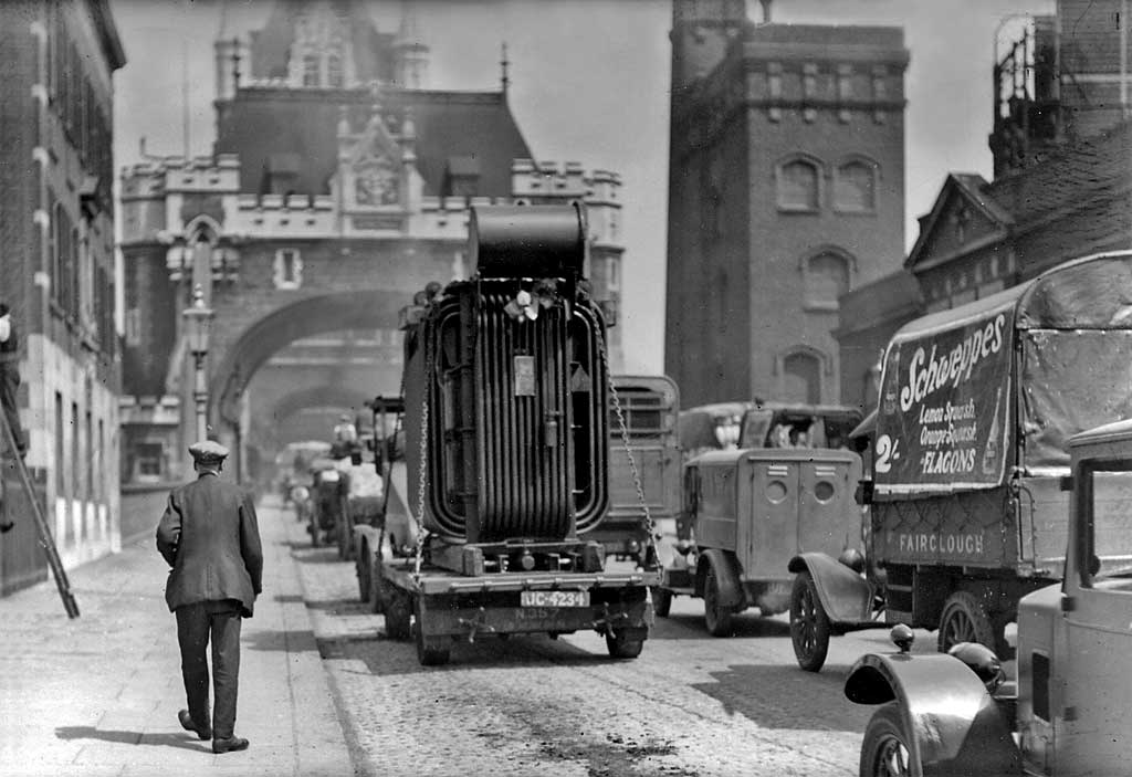 A transformer from Bruce Peebles' works in Edinburgh passes through London  in the early 1900s