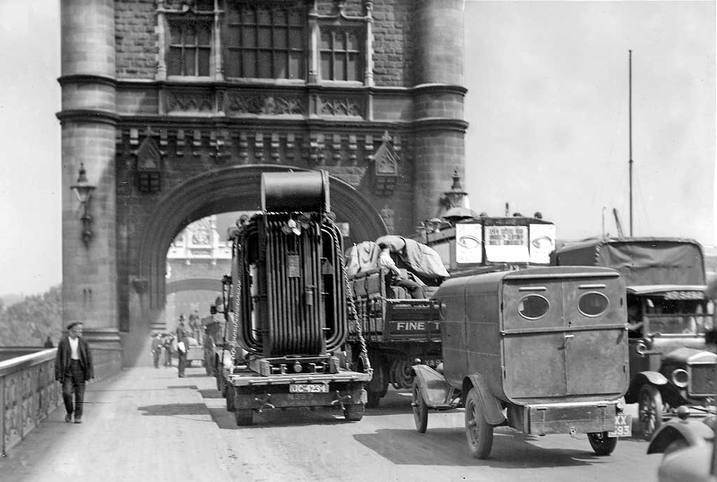 A transformer from Bruce Peebles' works in Edinburgh passes through London  in the early 1900s