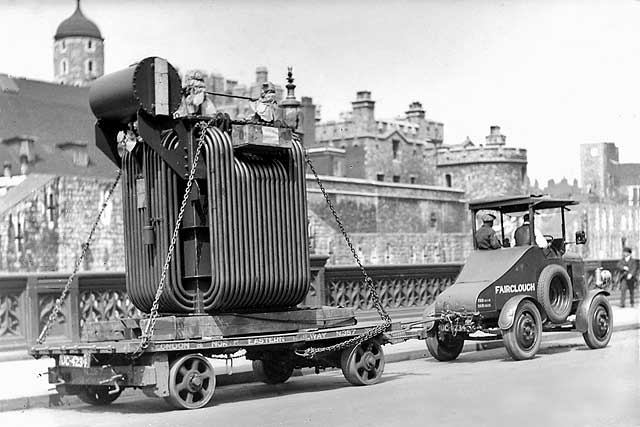 A transformer from Bruce Peebles' works in Edinburgh passes through London  in the early 1900s