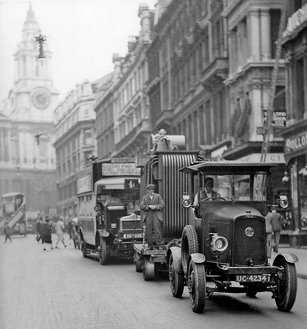 A transformer from Bruce Peebles' works in Edinburgh passes through London  in the early 1900s