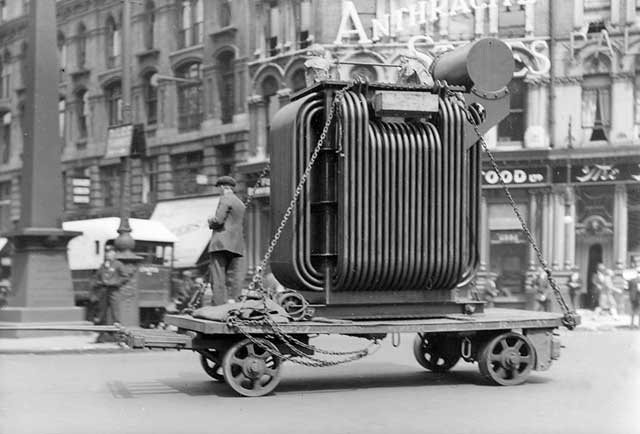 A transformer from Bruce Peebles' works in Edinburgh passes through London  in the early 1900s
