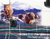 Truck decorated with photos, including my photograph of highland cattle in the snow, near Crianlarich