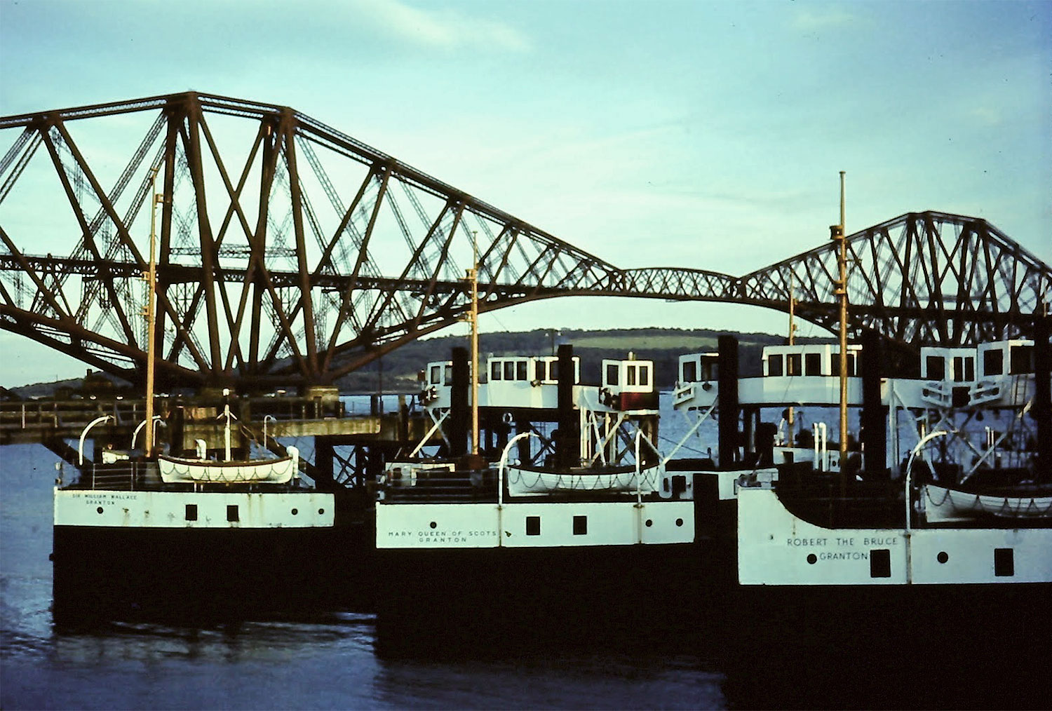 Ferries from the Queensferry Crossing, berthed at North Queensferry, following the opening of the Forth Road Bridge in 1964