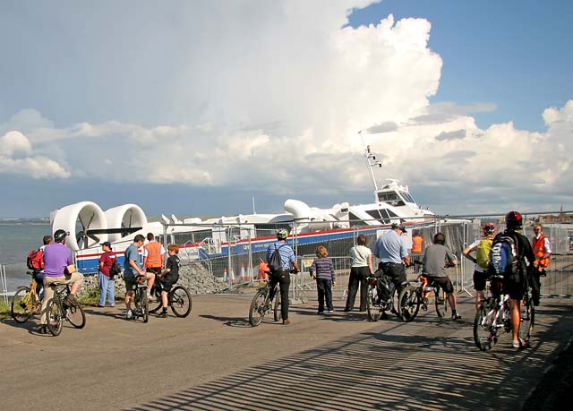 Cyclists  wait for the route along the promenade to be opened up again, during the second day of trials for the Portobello-Kirkcaldy service  -  July 17, 2007