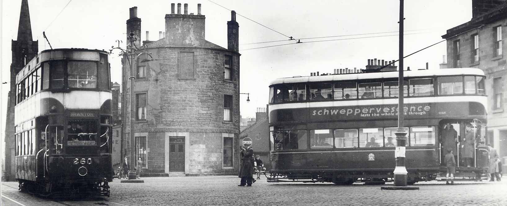 Zoom-in to  a view of Newhaen -  Two trams  -  1955