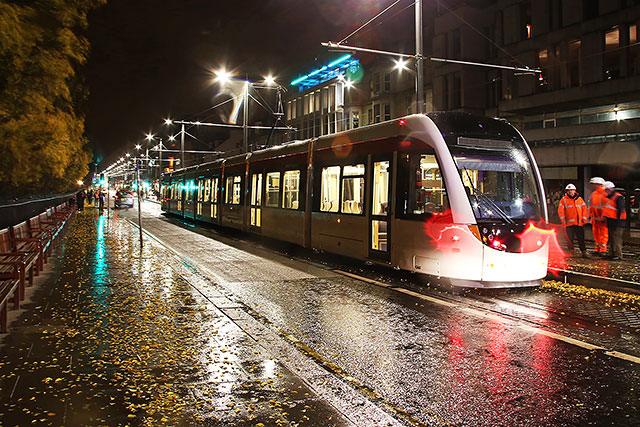 Tram Testing on December 5, 2013  -  Tram at the Princes Street tram stop, near the foot of The Mound