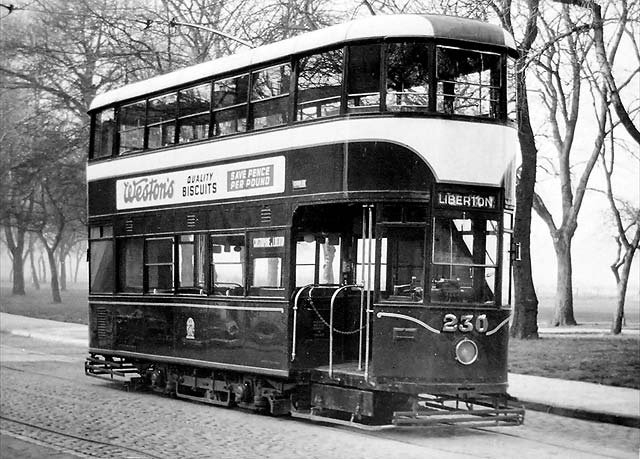 Tram 230 posed for a photograph.  Was this photo taken at Bruntsfield Links or The Meadows, and when might this photo have been taken?