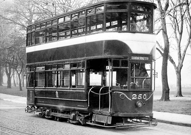 Tram 250 posed for a photograph.  Was this photo taken at Bruntsfield Links or The Meadows, and when might this photo have been taken?