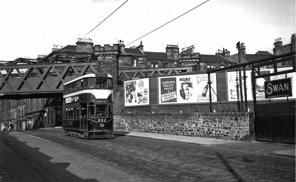 Edinburgh Tram  -  Passing under the railway bridge at  Bonnington Toll  -  This photo may have been taken around the early-1950s