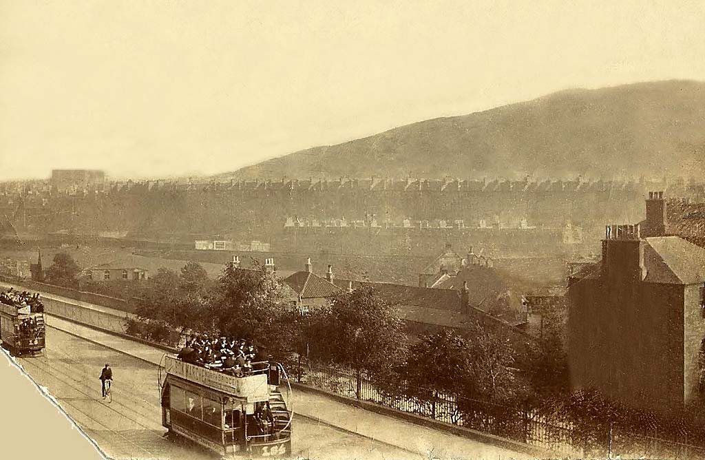 Open-top cable cars or trams at London Road, Meadowbank