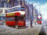 Tram crossing Princes Street from Hanover Street, at the foot of the Mound