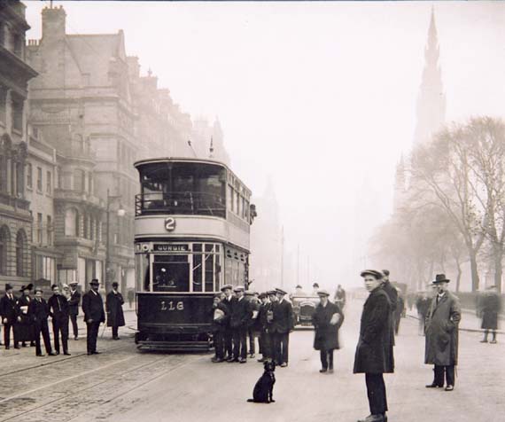 Princes Street  -  Looking east from the foot of the Mound towards the Scott Monument  -  Tram 116