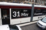 Tram in York Place in early-March 2014, announcing the date when the Edinburgh tram service will commence