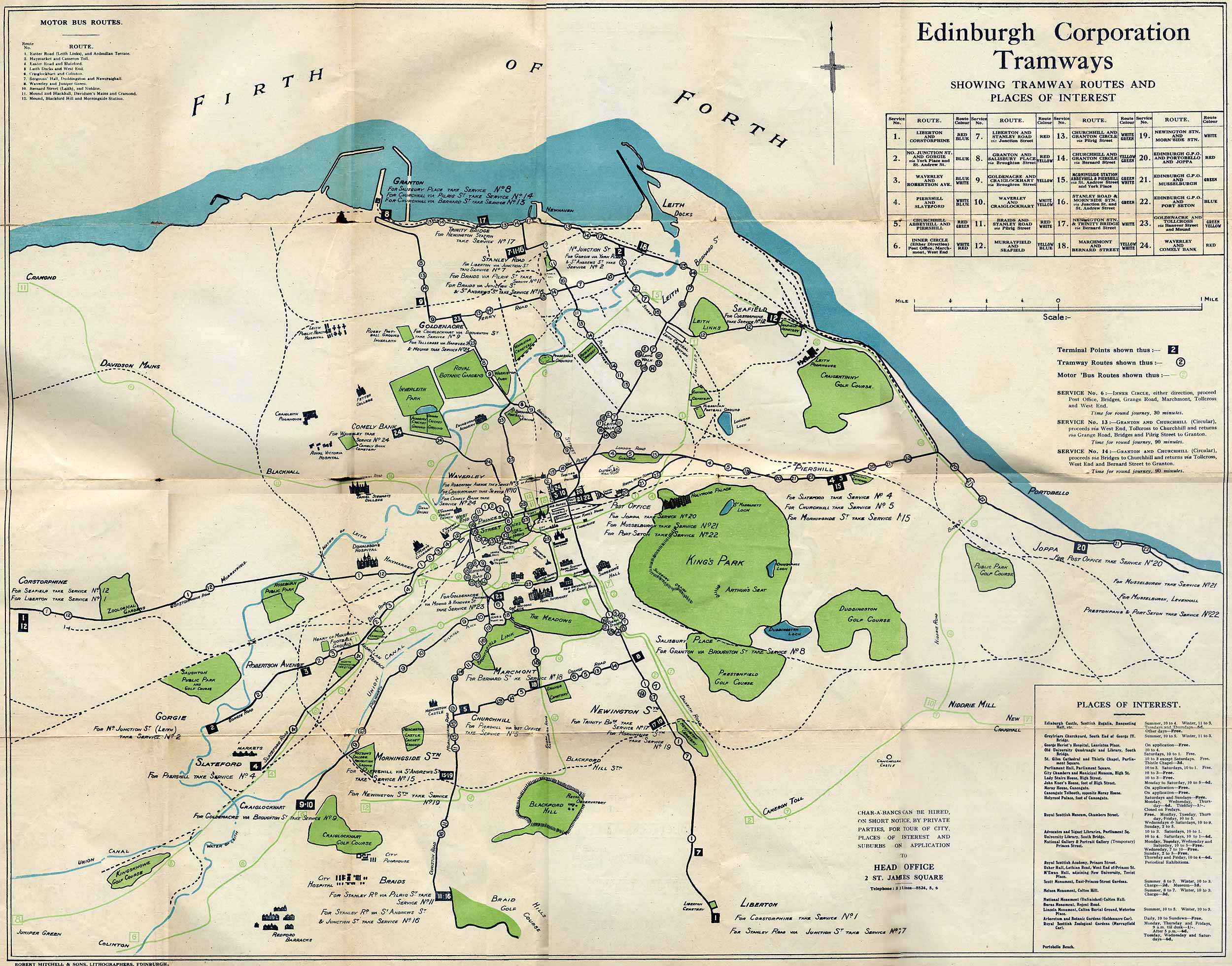 1924 Map of Edinburgh Trams and Buses