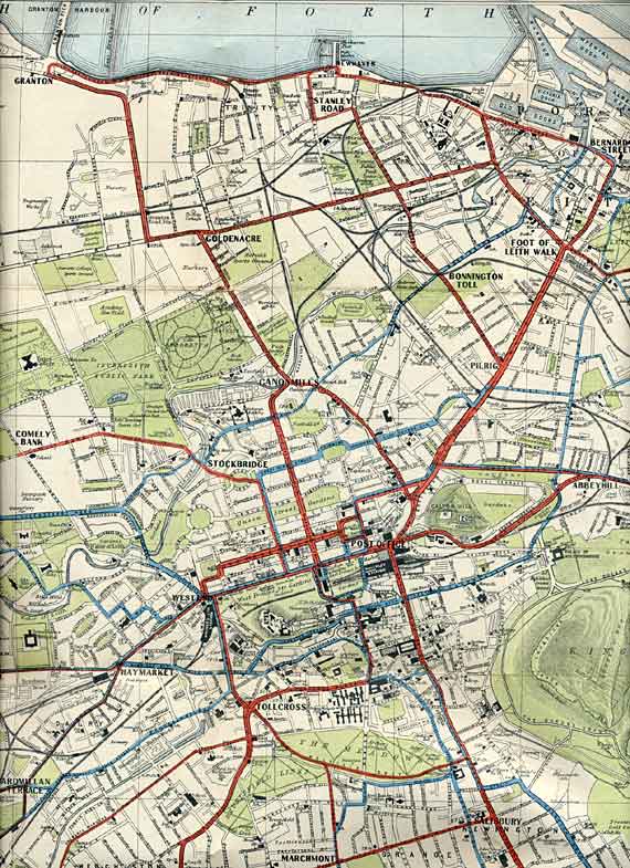 Edinburgh Corporation Transport Department  -  Map of Tram and Bus Routes  -  1932  -  Central Edinburgh and Surrounding Districts