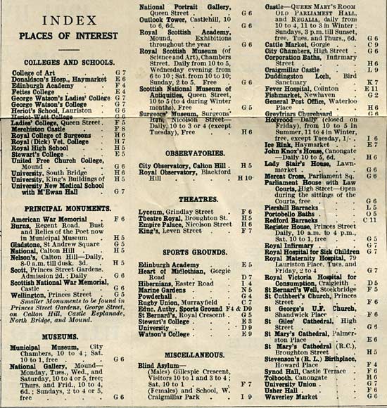 Places of Interest listed on an Edinburgh Corporation Transport Department Map, published around 1932