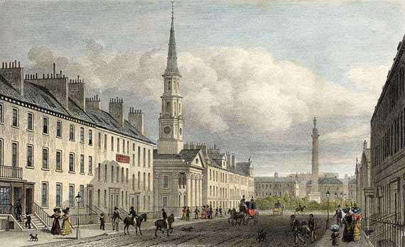 Engraving from 'Modern Athens'  -  hand-coloured  -  St Andrew's Church at the East End of George Street