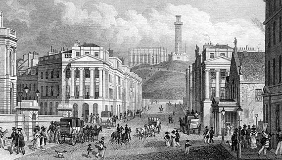 Engraving in 'Modern Athens'  -  Waterloo Place and the National and Nelson Monuments on Calton Hill