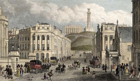 Engraving from 'Modern Athens' - hand-coloured - Waterloo Place and Calton Hill
