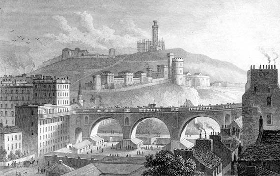 Engraving in 'Modern Athens'  -  North Bridge and Calton Hill