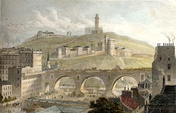 Engraving from 'Modern Athens'  -  hand-coloured  -  The North Bridge and Calton Hill