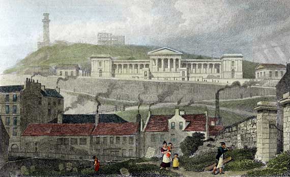Engraving from Modern Athens  -  hand coloured (another copy)  -  Calton Hill and the Royal High School from the Royal Mile