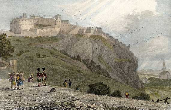 Engraving from 'Modern Athens'  -  hand-coloured  -  Edinburgh Castle from Ramsay Garden