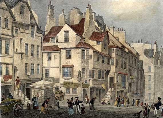 Engraving from 'Modern Athens'  -  hand-coloured  -  John Knox House