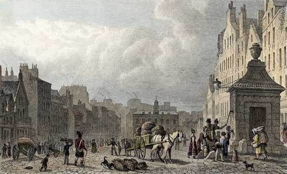 Engraving in 'Modern Athens'  -  hand-coloured  -  The Grassmarket