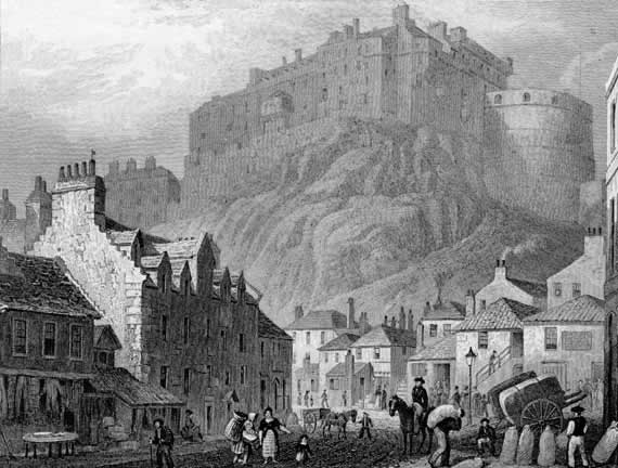 Engraving in 'Modern Athens'  -  Edinburgh Castle from the Vennel