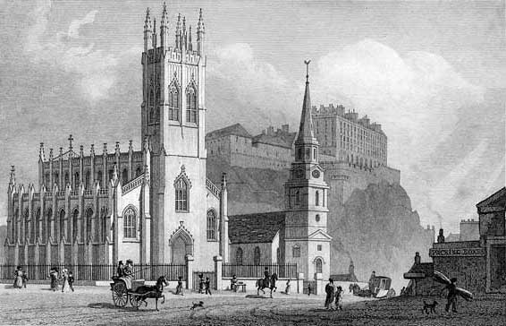 Engraving in 'Modern Athens'  -  St John's Church at the West End of Princes Street