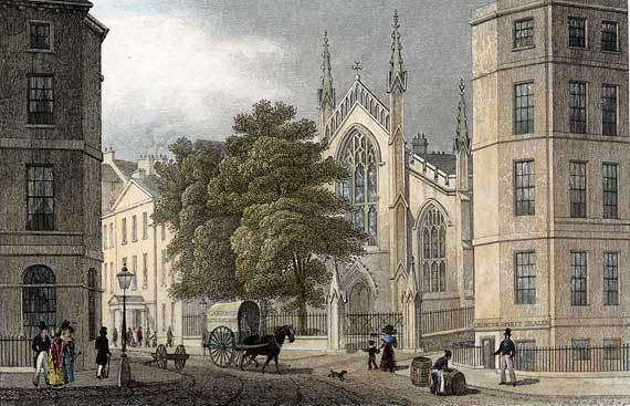 Engraving from 'Modern Athens'  -  hand-coloured  -  The Catholic Chapel at Picardy Place