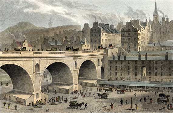 Engraving from 'Modern Athens'  -  hand-coloured  -  Waverley Market